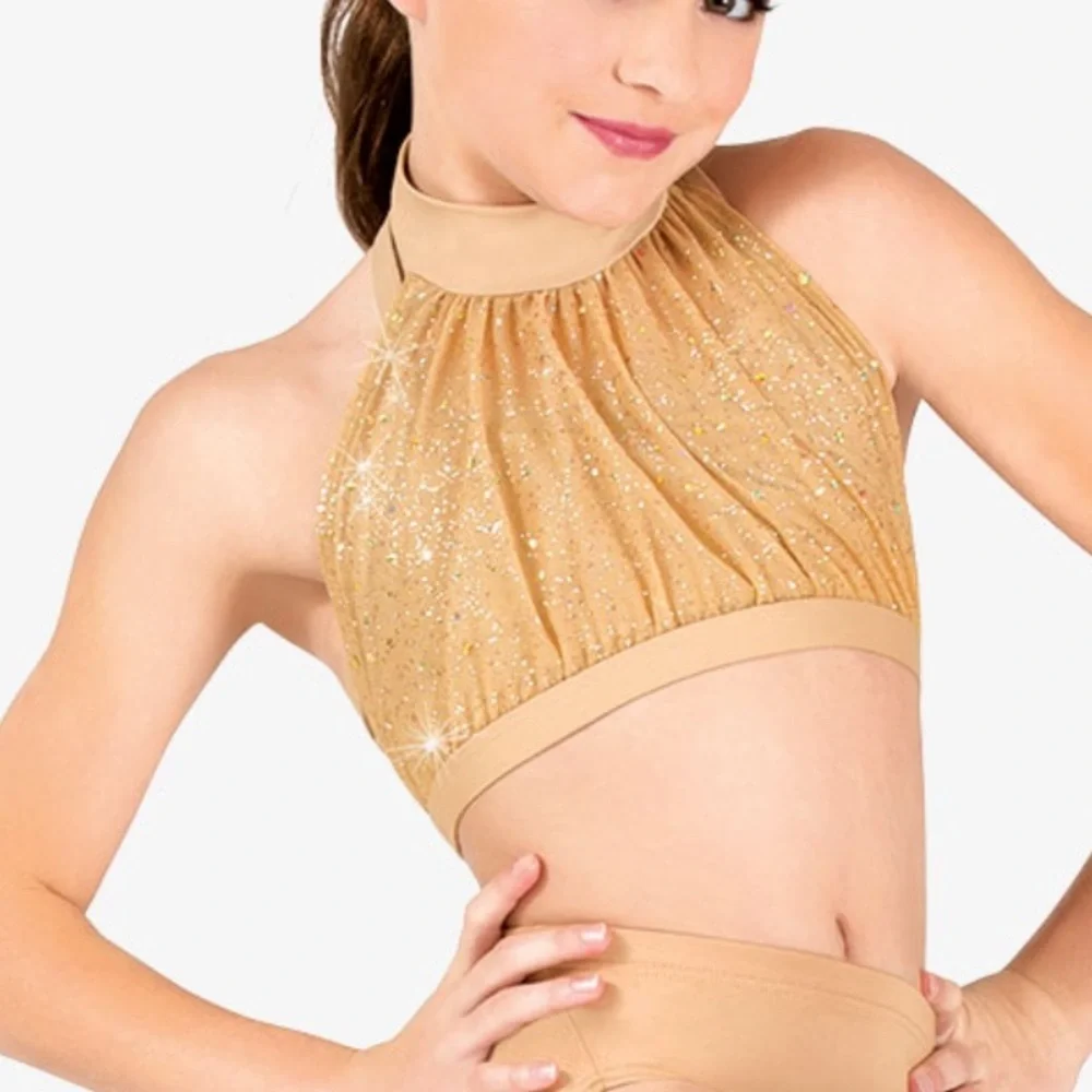 Body Wrappers 12-14 Nude gold Shimmer Halter Crop Top Dancewear Jazz Tap Lyrical
